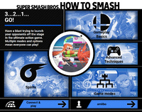 A web page laid out like the main menu of Super Smash Bros. Ultimate, with the buttons (clockwise from the top) Gameplay Basics, Advanced Techniques, Game Modes, and Spirits.