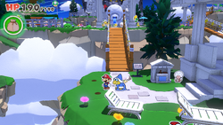 Mario standing near two holes containing a 10-Coin and a 100-Coin in Shangri-Spa of The Origami King.