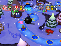 Wario using the Snack Orb against a Chain Chomp attack in Snowflake Lake from Mario Party 6