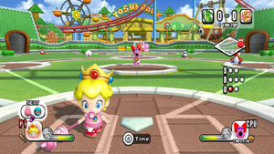 Baby Peach prepares to bat in Mario Super Sluggers.