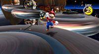 Mario running from a Bob-omb in Battlerock Galaxy in Super Mario Galaxy