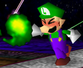 Luigi uses his Fireball move in Super Smash Bros.