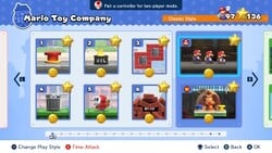 Screenshot of Mario Toy Company's level select screen from the Nintendo Switch version of Mario vs. Donkey Kong
