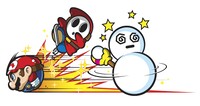 Artwork of Mario defeating a Mr. Blizzard and a Shy Guy in Mario Pinball Land.