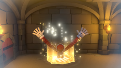 Mario activating the 1,000-Fold Arms for the first time while inside the dungeon of Peach's Castle.