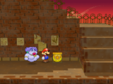 Mario next to the Shine Sprite in the sunset area of Riverside Station