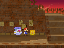 Mario next to the Shine Sprite in the sunset area of Riverside Station in Paper Mario: The Thousand-Year Door.