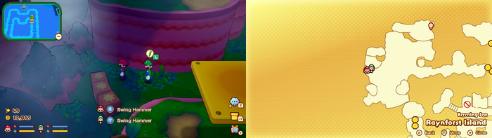Mario and Luigi near wooden crates containing a Coin and a Five Coin on Raynforst Island of Mario & Luigi: Brothership.