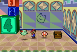 Mario finding Mushroom in front of a chest in Shy Guy's Toy Box of Paper Mario.