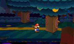 Mario near a tree containing a Coin and a Leaf Sticker in Strike Lake of Paper Mario: Sticker Star.