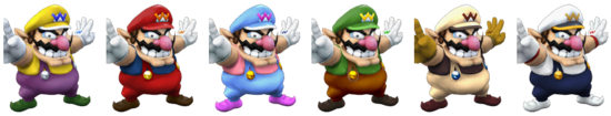 Various Wario recolors for Wario's other outfits for Super Smash Bros. Brawl.