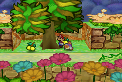 Mario finding two Yellow Berries in Flower Fields of Paper Mario.