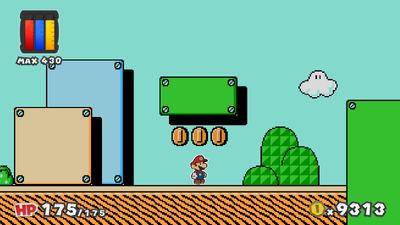 Mario near 3 Coins in Green Energy Plant of Paper Mario: Color Splash.