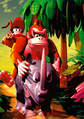 Donkey Kong riding Rambi, with Diddy Kong