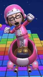 The Toadette Mii Racing Suit performing a trick.