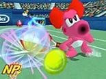 Birdo hitting the ball while playing tennis.