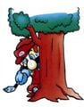 Mario hitting the golf ball from behind a tree