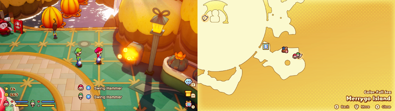 Mario and Luigi near a Sprite Bulb Nest on Merrygo Island of Mario & Luigi: Brothership.