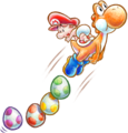 Orange Yoshi and Baby Mario with a trail of Eggs.