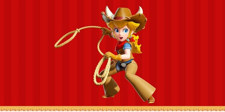 Artwork of Cowgirl Peach from Princess Peach: Showtime! shown with the sixth question in the It’s Peach time! quiz