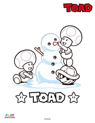 Line art of two Toads building a snowman from a paint-by-number activity
