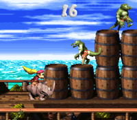 Dixie Kong and Rambi the Rhino in the second Bonus Area of Pirate Panic in Donkey Kong Country 2: Diddy's Kong Quest.