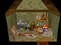 The Toad-shaped chalk outline in the Bandit's house in Rogueport Square that appears only in the Japanese version of Paper Mario: The Thousand-Year Door.
