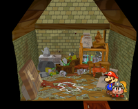 The Toad-shaped chalk outline in the Bandit's house in Rogueport Square that appears only in the Japanese version of Paper Mario: The Thousand-Year Door.