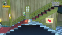 Early screenshot of Shifty Boo Mansion, containing an arrow sign that was removed from the final game.