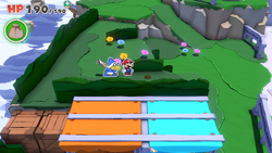 Mario standing near a hole containing a 100-Coin in Shangri-Spa of The Origami King.