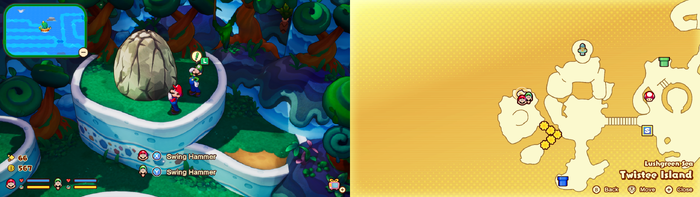 Mario and Luigi near a breakable rock containing a Coin on Twistee Island of Mario & Luigi: Brothership.