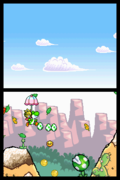 Yoshi and Baby Peach fluttering over a Needlenose-spitting Piranha Plant.