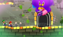 A screenshot of Antasma in his abduction of Princess Peach, in Dreamy Mario's battle.