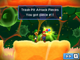 Screenshot of Mario obtaining an Attack Piece in Mario & Luigi: Bowser's Inside Story + Bowser Jr.'s Journey