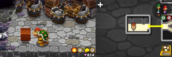 Fifth block in Bowser's Castle of Mario & Luigi: Bowser's Inside Story + Bowser Jr.'s Journey.