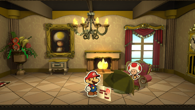 Mario being given the Mountain Climbing Permit from the park ranger in Daffodil Peak of Paper Mario: Color Splash.
