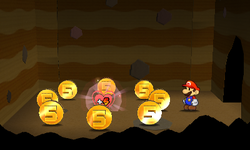 Mario near a HP-Up Heart surrounded by 8 Five Coins in Gauntlet Pond of Paper Mario: Sticker Star.