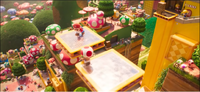 Mario follows Toad to Princess Peach's Castle, crossing a pair of moving platforms as he does