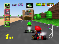The image for "Luigi Raceway" from Mario Kart 64 on Nintendo Music.
