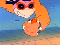 Giant Ninja Roy grabs Toad and Peach in The Adventures of Super Mario Bros. 3