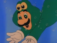 Frog Luigi swimming to King Koopa's dungeon