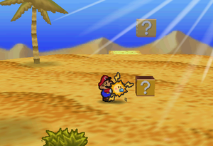 Image of Mario revealing a hidden ? Block in Dry Dry Desert, in Paper Mario.