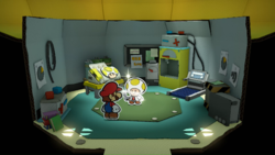 Mario rescues the Toad Researcher, who was folded into an origami mushroom resting on the Sensor Lab fax machine.