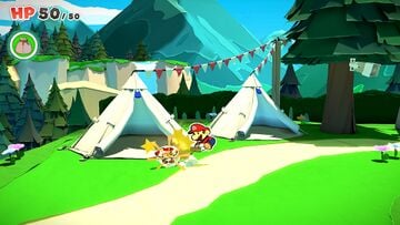Mario uncrumples a Toad in Whispering Woods in Paper Mario: The Origami King