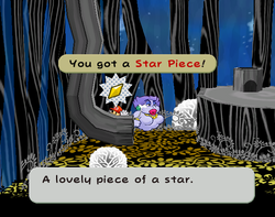 Mario getting the Star Piece behind a pipe in the room before the trap in the Great Tree.