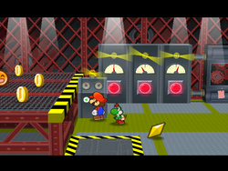 Mario getting the Star Piece near the crane in the X-Naut Fortress in Paper Mario: The Thousand-Year Door.