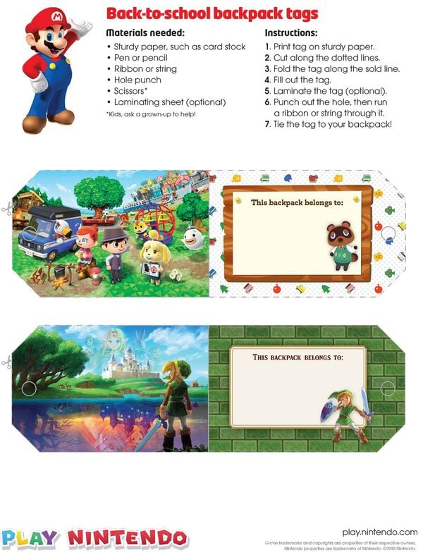 Printable sheet for backpack tags branded with various Nintendo 3DS games, such as The Legend of Zelda: A Link Between Worlds and Animal Crossing New Leaf – Welcome amiibo