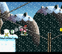 Pink Yoshi throwing an egg at a Dr. Freezegood in the level Ride The Ski Lifts.