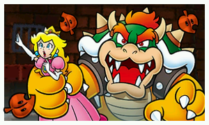 Bowser kidnapping Princess Peach, and with some Super Leaves around them.