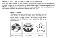 Screenshots of the Super Mario Bros. instruction manual that explain that the Toads transformed into "bricks" are those that "reward you by giving you a power boost", dispelling the rumor that Mario is harming the transformed Toads